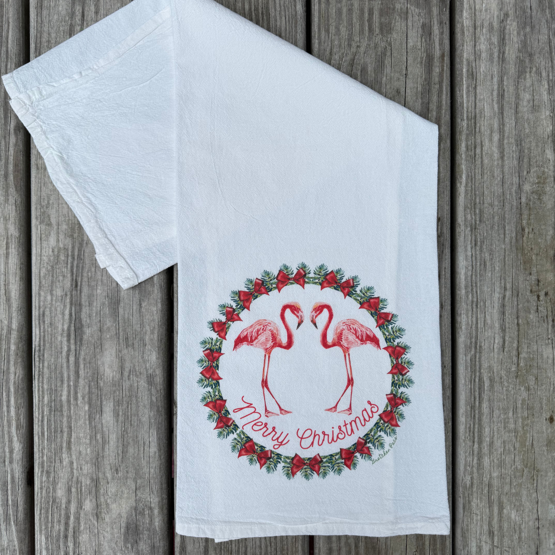 Dish Towel - Merry Christmas Flamingo on Flour Sack