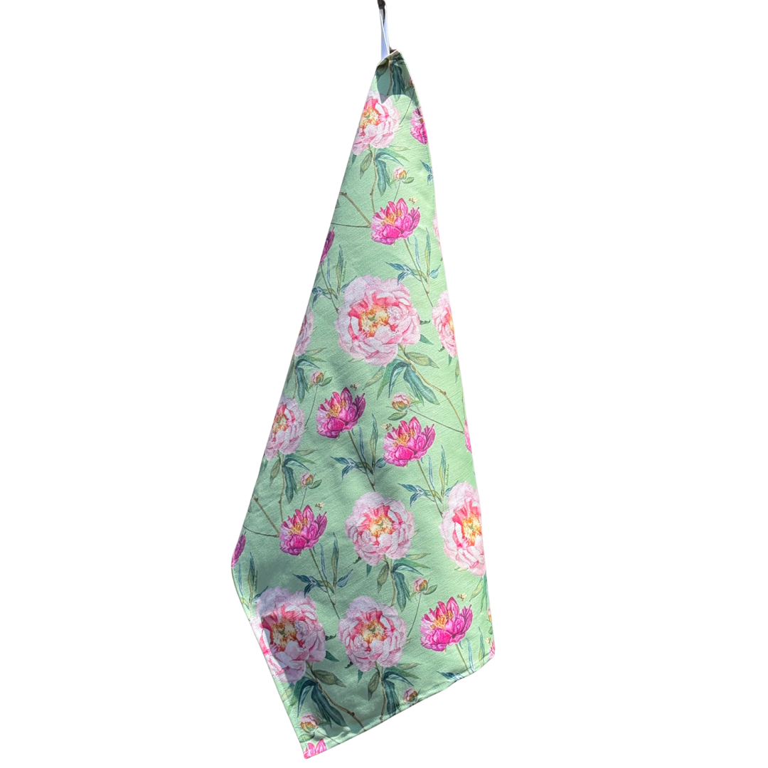 Tea Towel - Peonies on Light Green