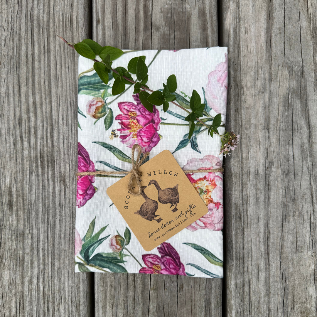 Tea Towel - Peonies and Bee on White