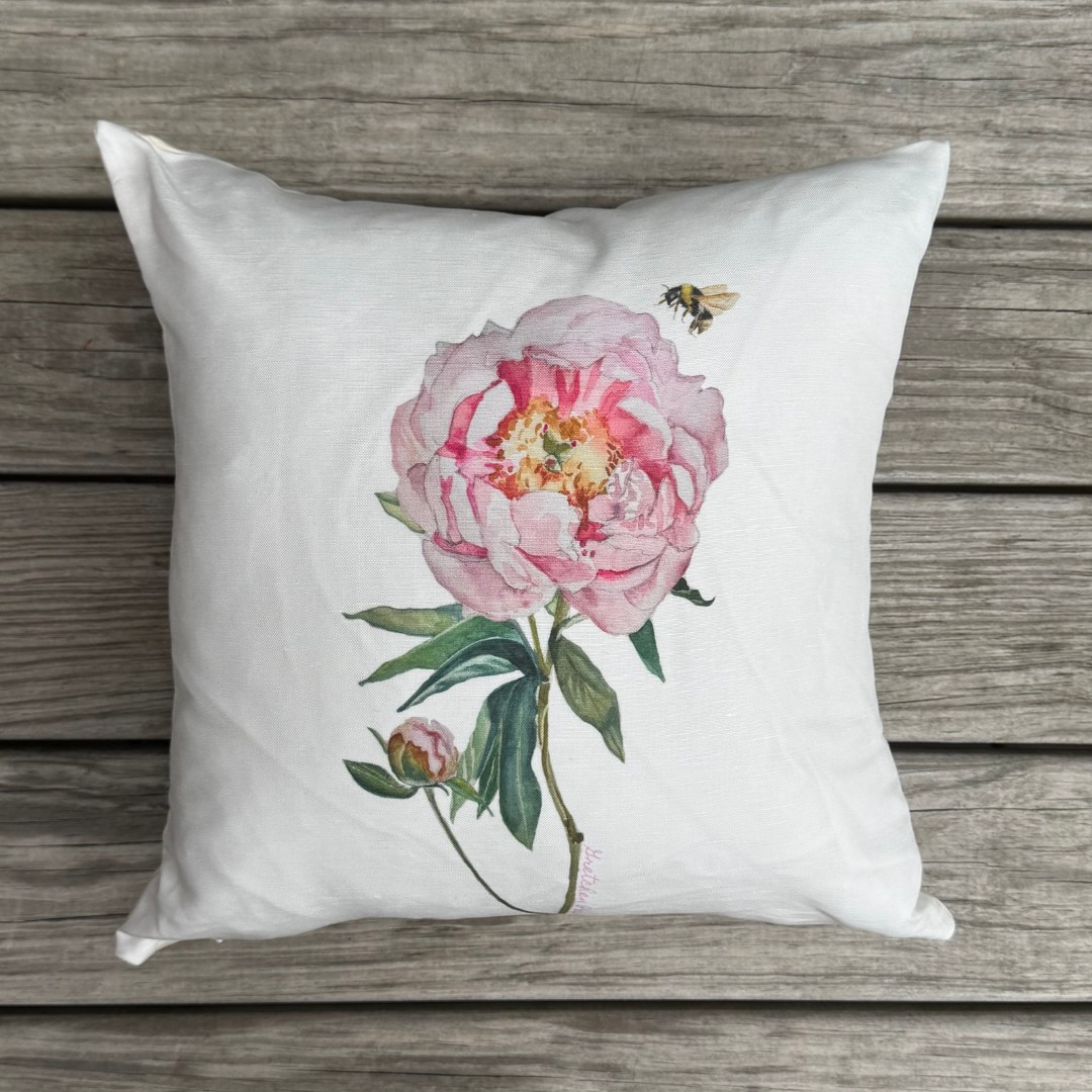 Throw Pillow - Light Pink Peony with Bee on White Linen Cotton