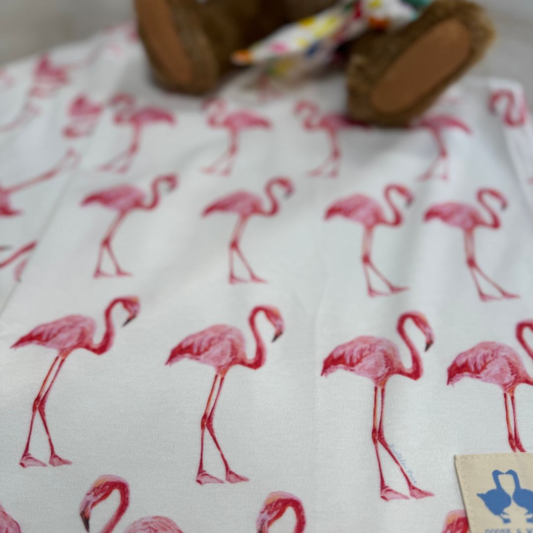 Baby Blanket - Flamingo on White Organic Cotton Knit