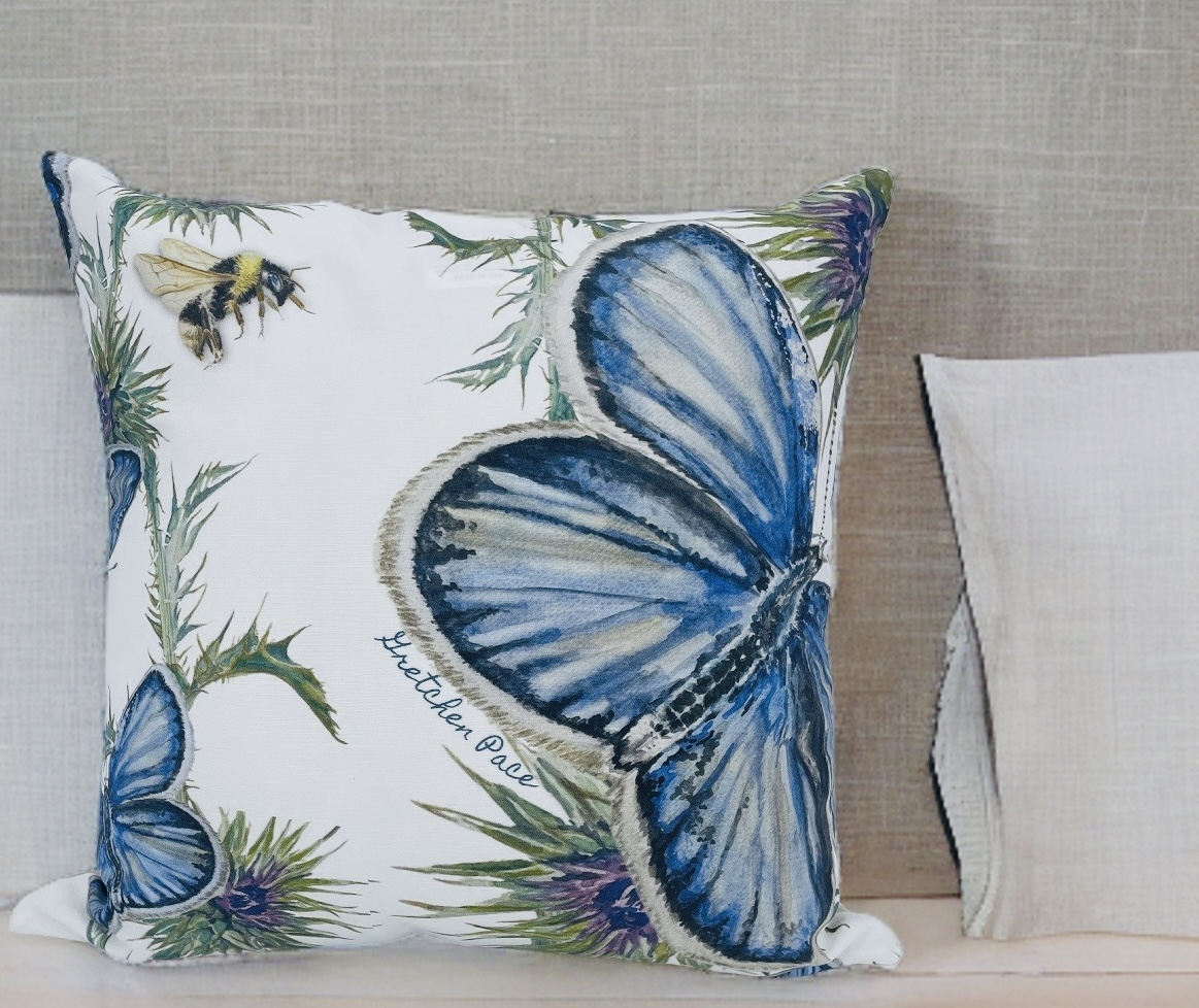 Throw Pillow - Karner Blue Butterfly with Thistle on Linen Cotton