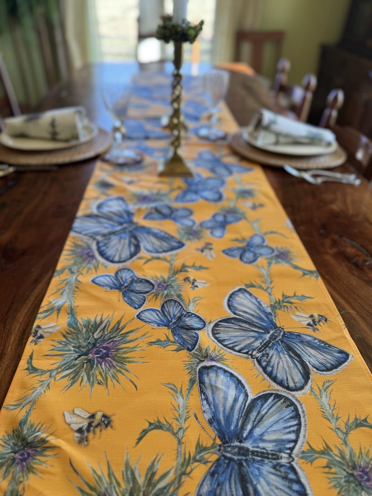 Table Runner - Butterfly, Thistle, and Bee on Yellow Linen Cotton