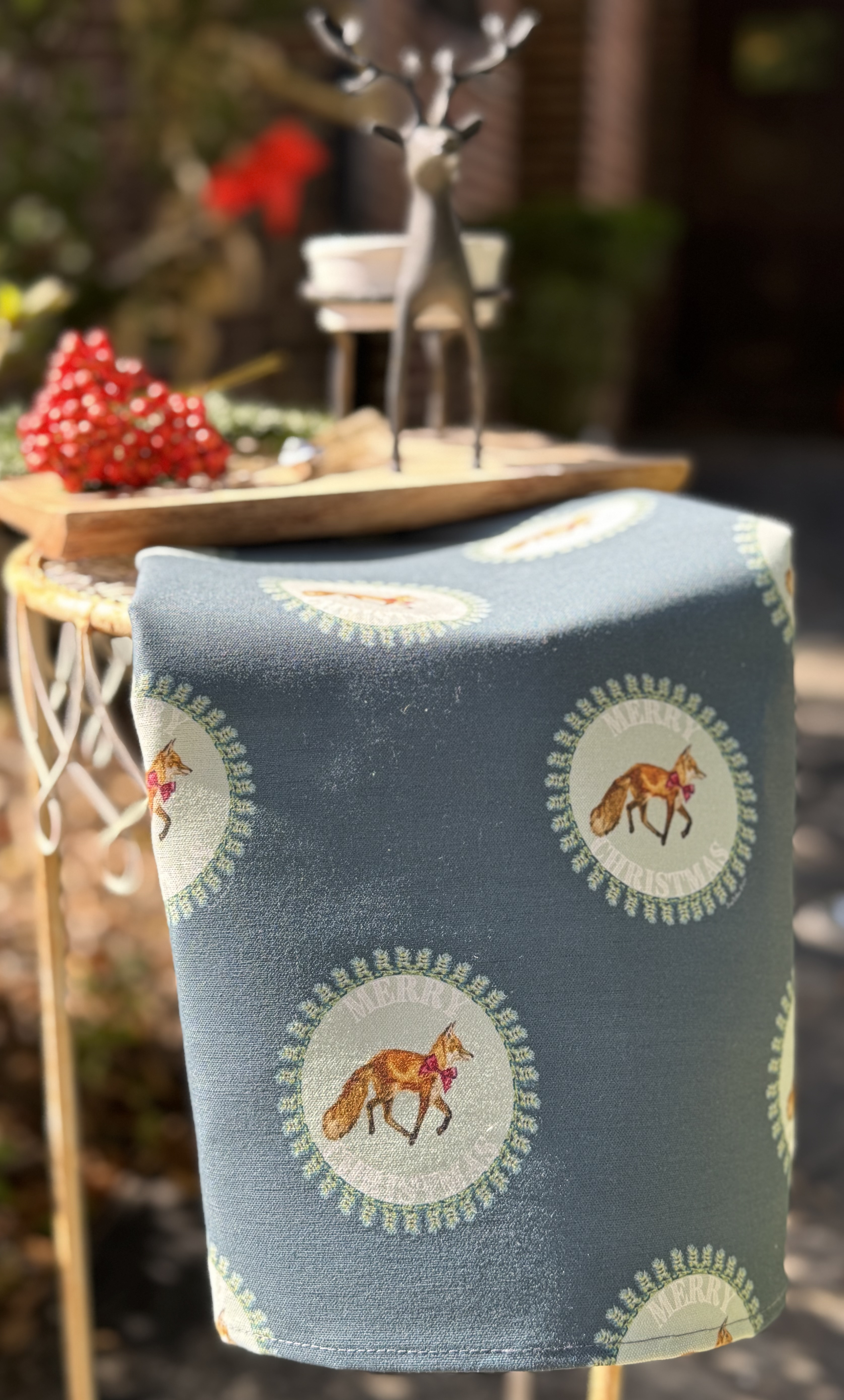 Tea Towel - Merry Christmas Fox on Blue Linen Cotton