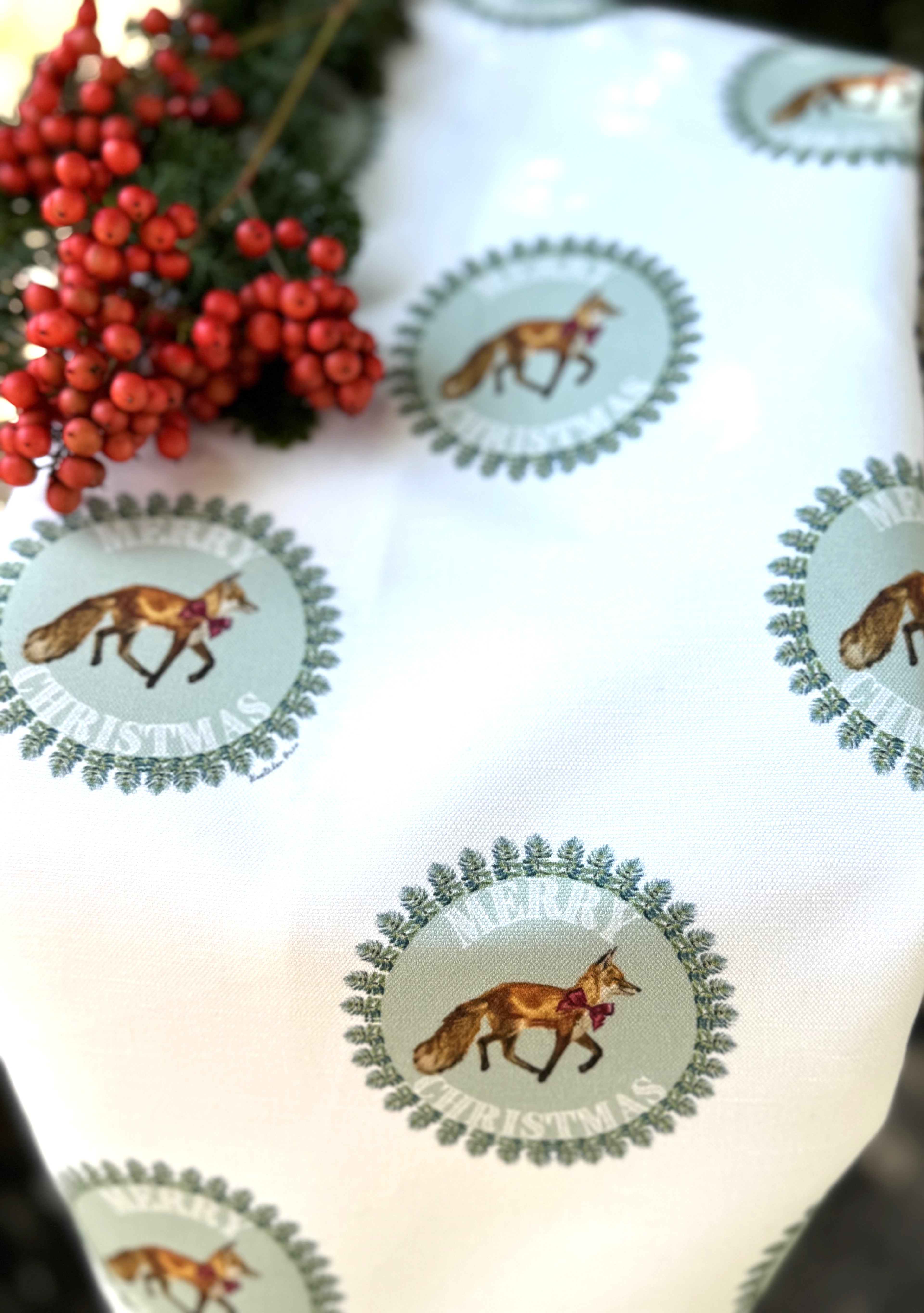 Tea Towel - Merry Christmas Fox on White Linen Cotton