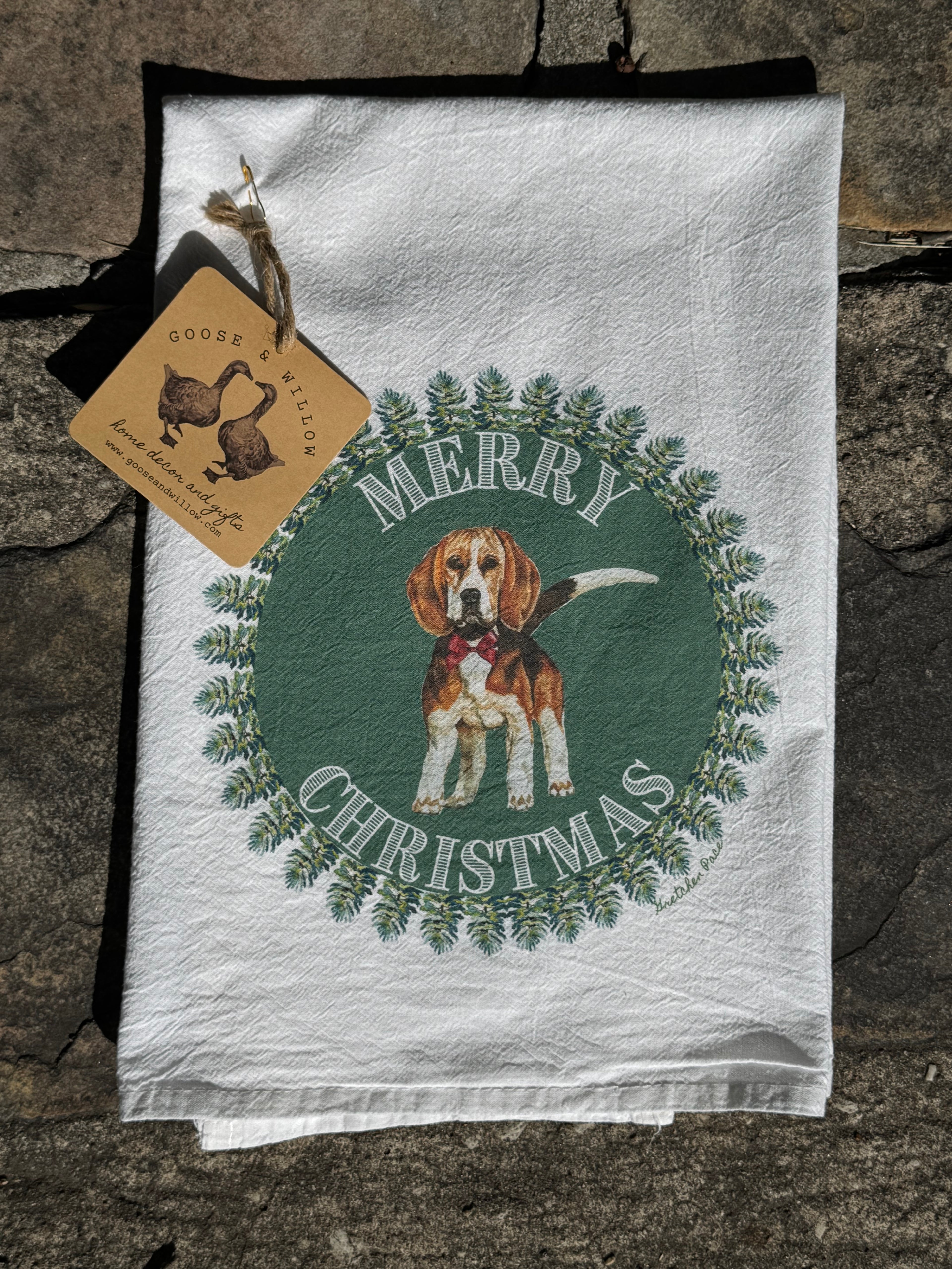 Dish Towel - Merry Christmas Beagle on Flour Sack