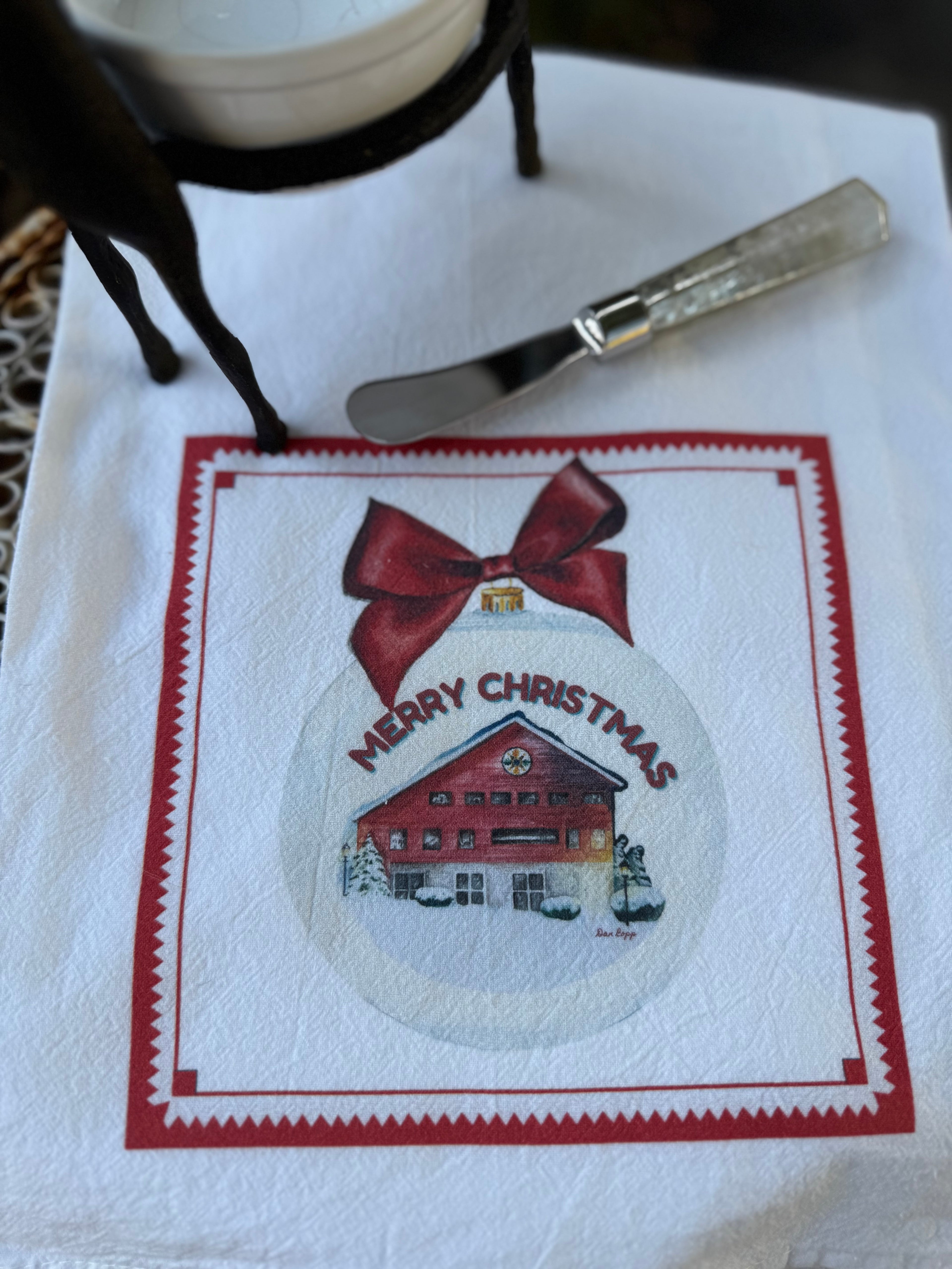 Dish Towel - Barn Merry Christmas on Flour Sack