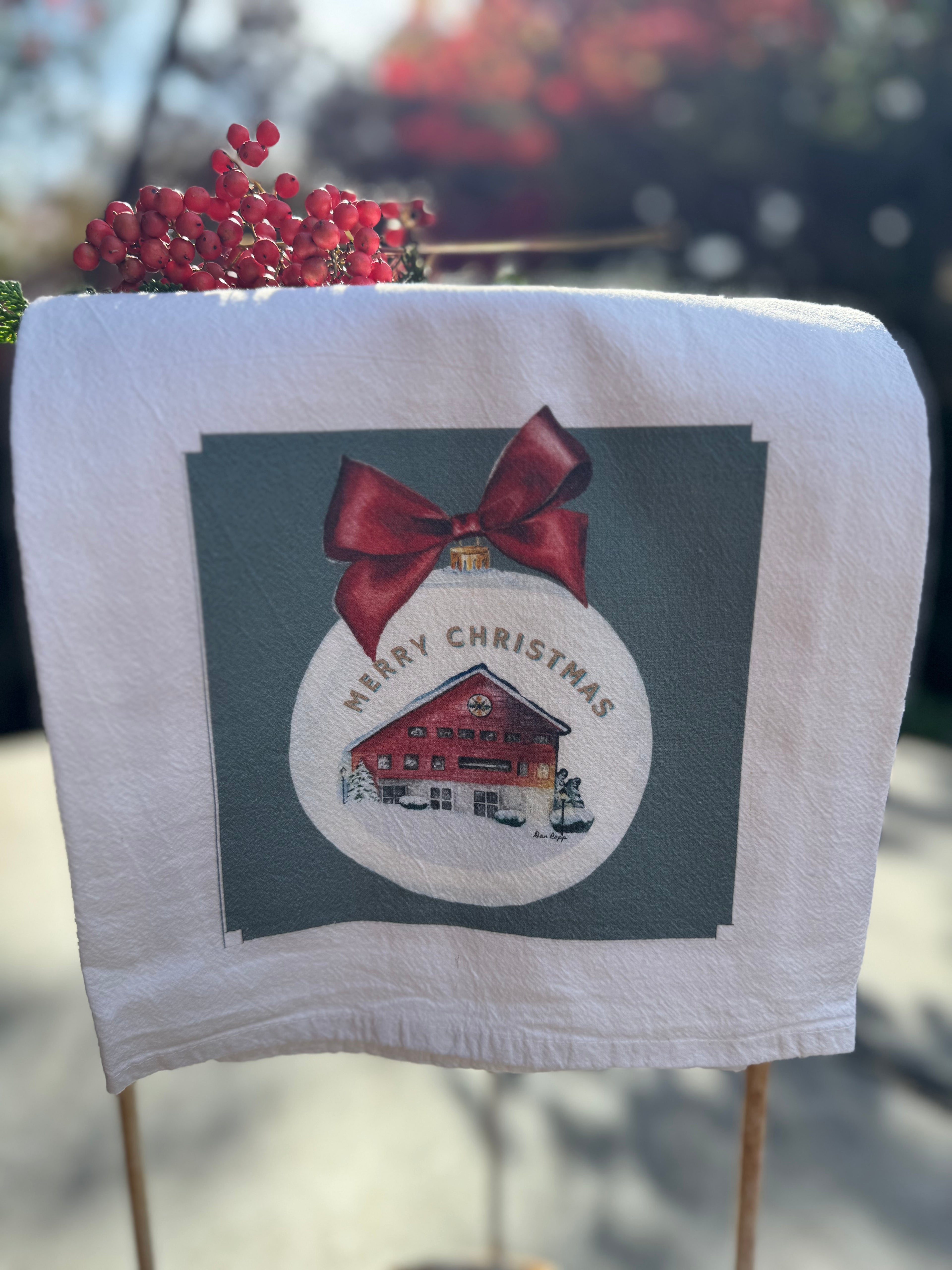 Dish Towel - Barn Merry Christmas on Gray on Flour Sack
