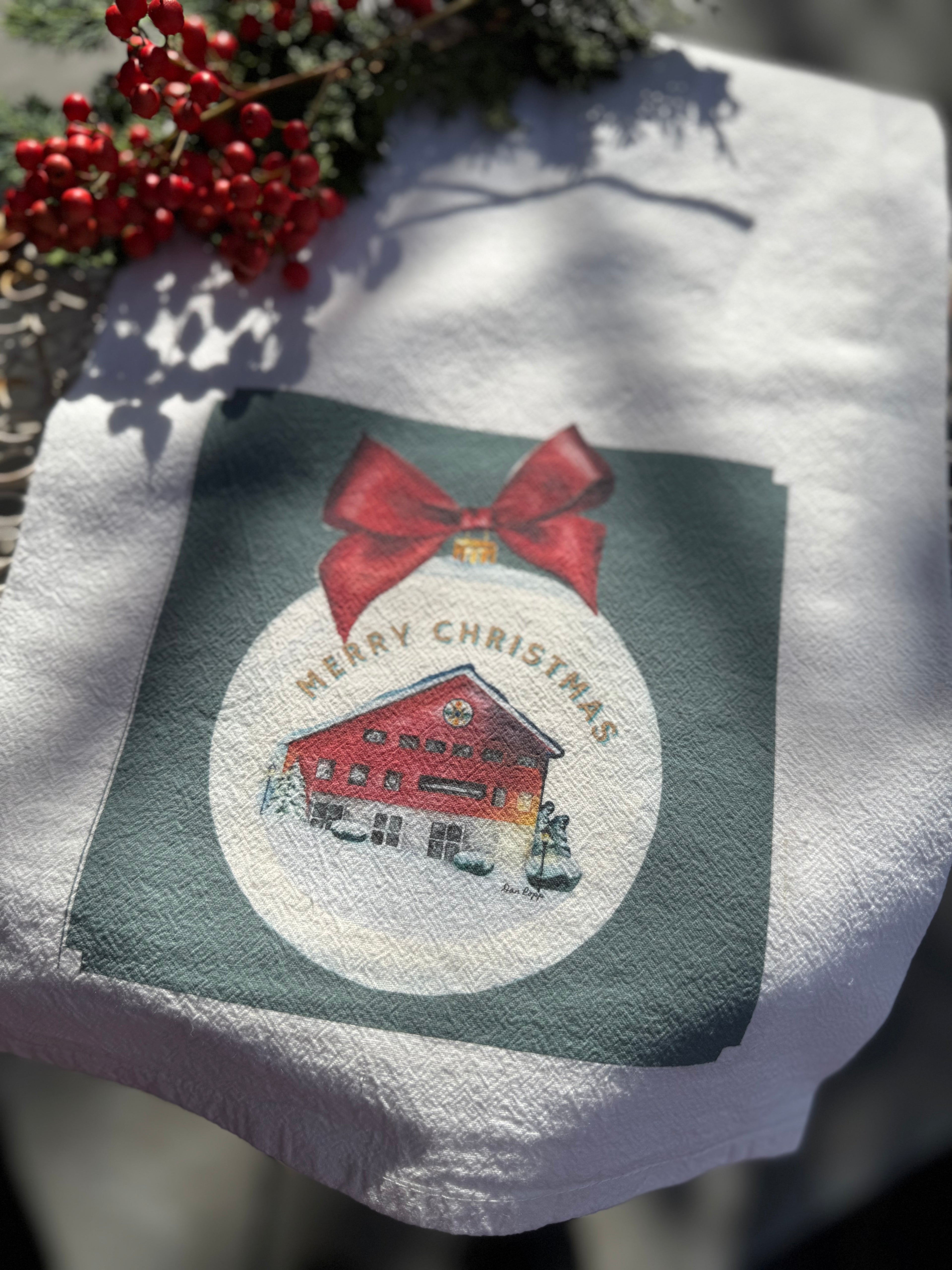 Dish Towel - Barn Merry Christmas on Gray on Flour Sack