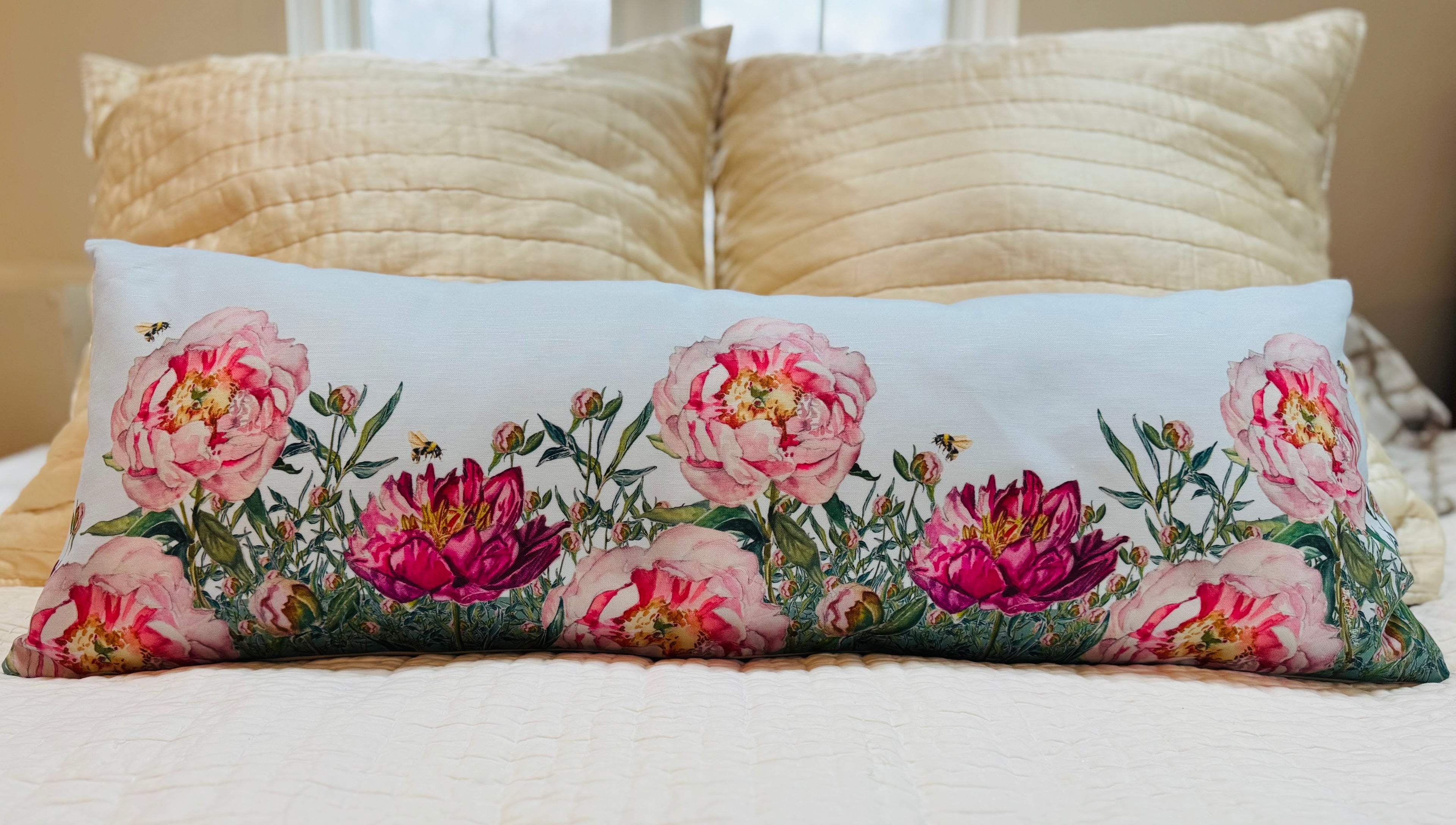Throw Pillow - Light and Dark Pink Peonies with Bee Repeat on Linen Cotton Lumbar