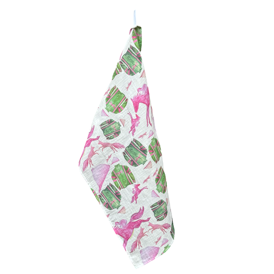 Hand Towel - Pink and Green Jockey Silks and Horses on White Organic Cotton