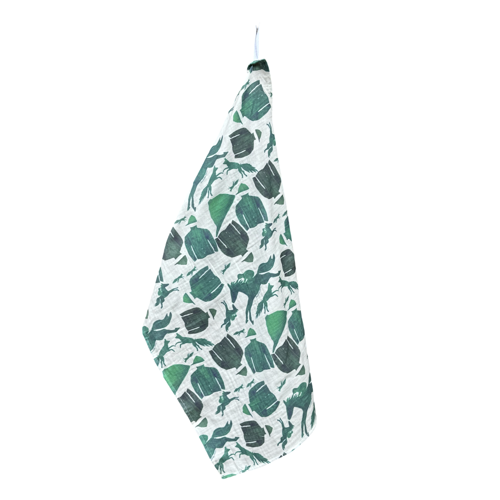 Tea Towel - Green Jockey Silks and Horses on White Organic Cotton