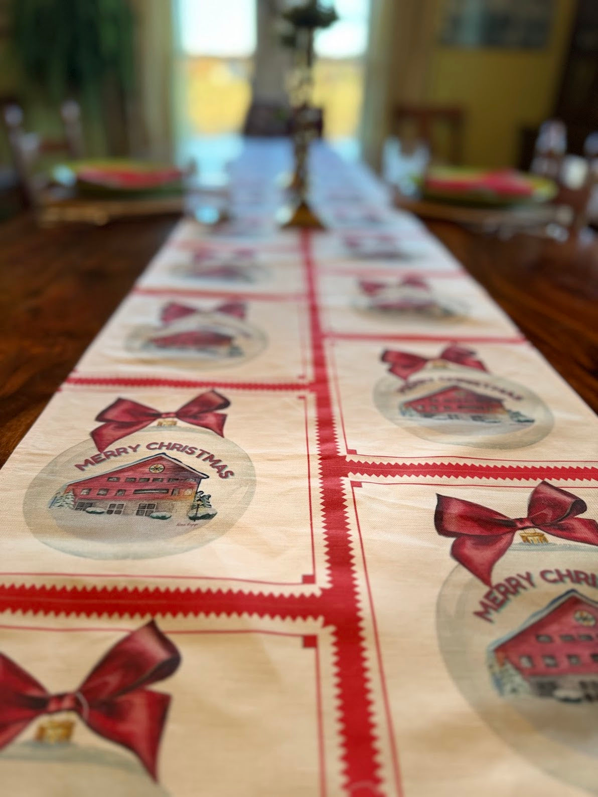 Table Runner - Merry Christmas Snowy Barn on Red