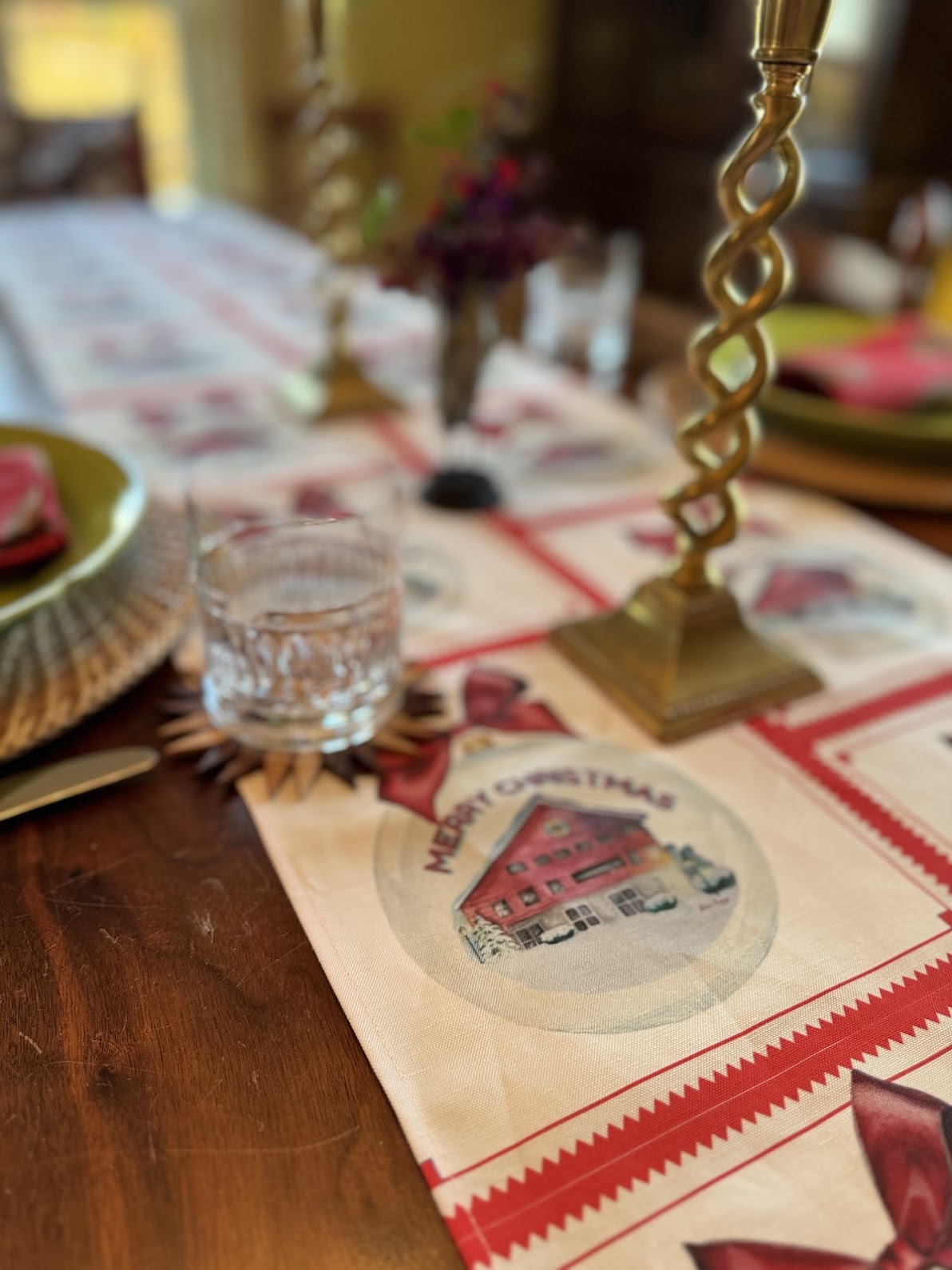 Table Runner - Merry Christmas Snowy Barn on Red