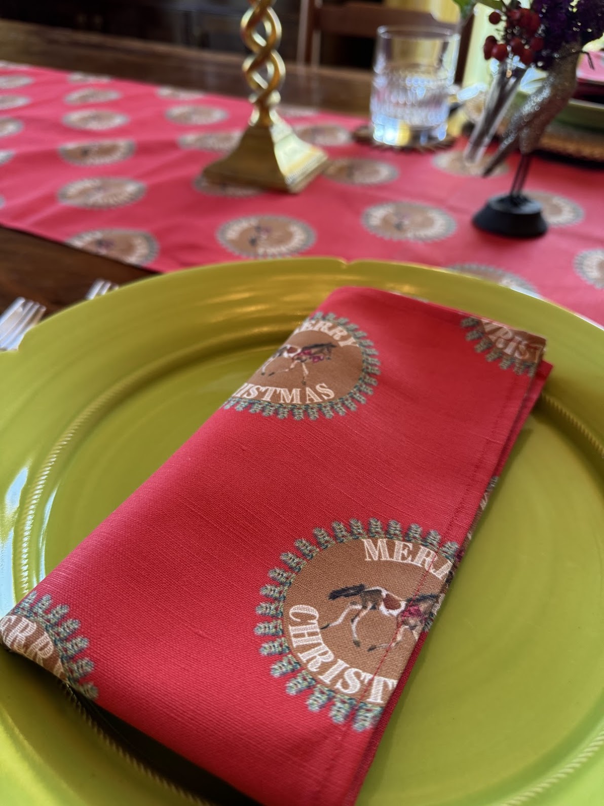 Table Runner - Merry Christmas Pony on Red (Small Print)