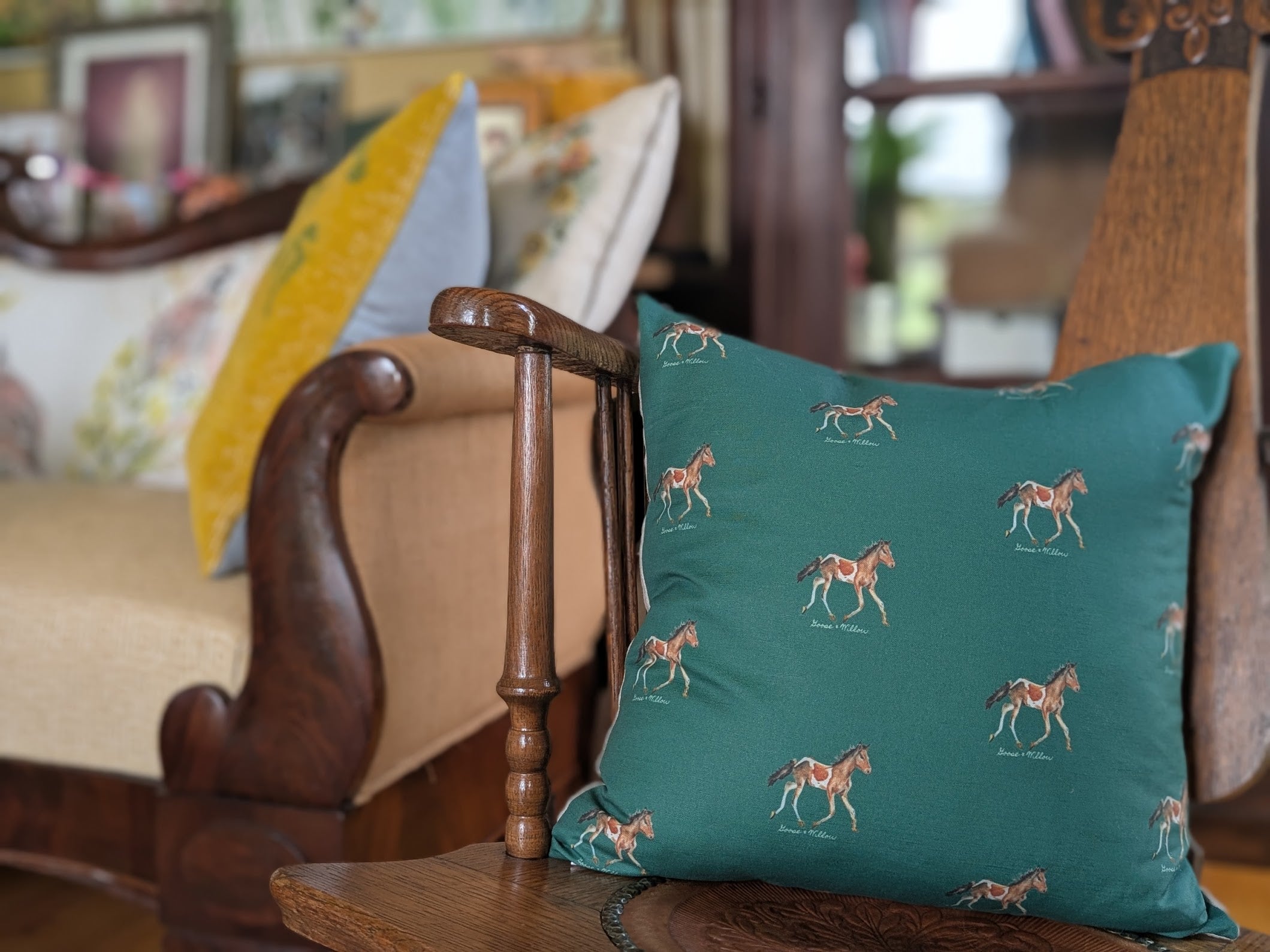 Throw Pillow - Chincoteague Pony Repeat on Green Linen Cotton