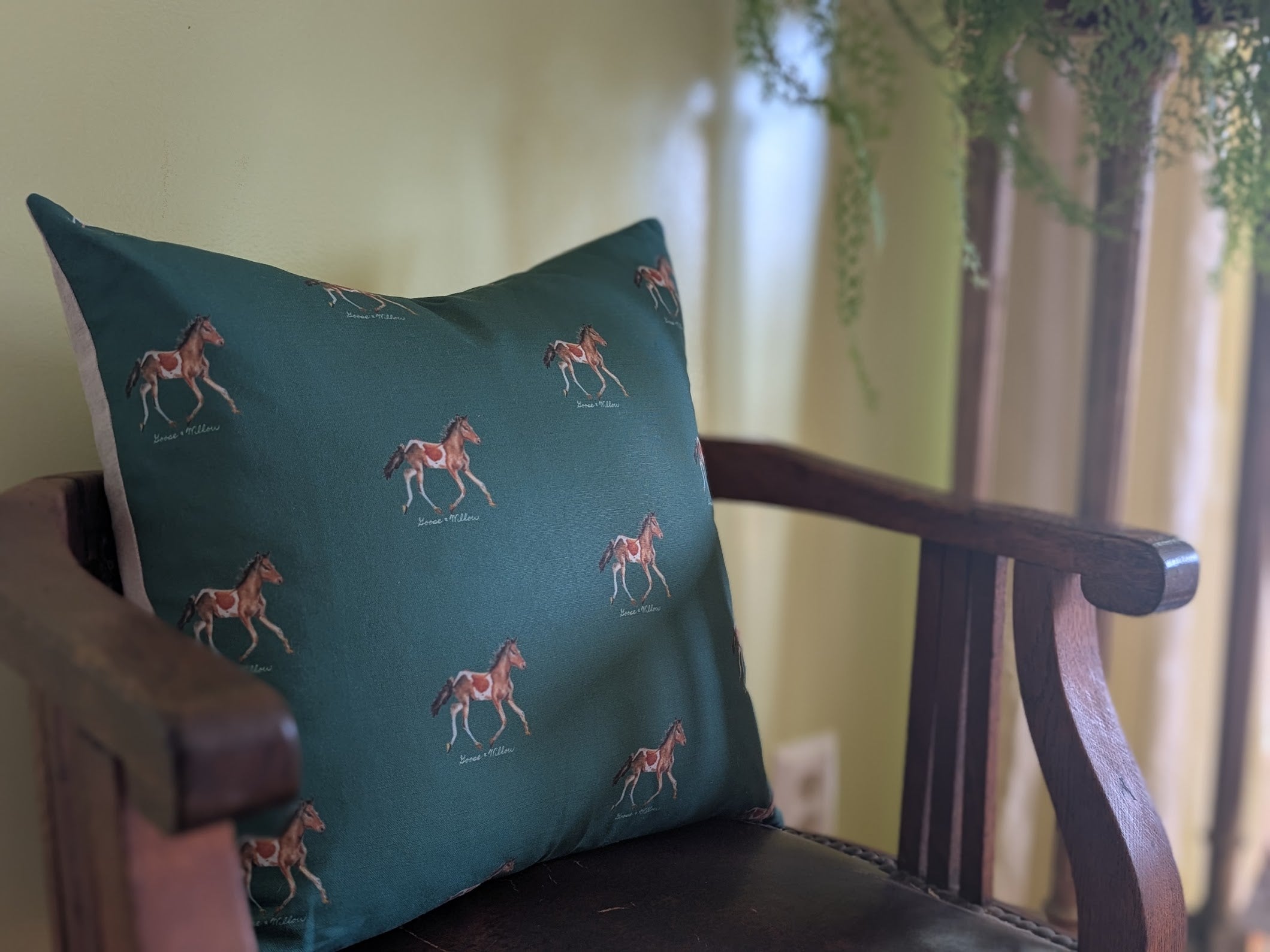 Throw Pillow - Chincoteague Pony Repeat on Green Linen Cotton