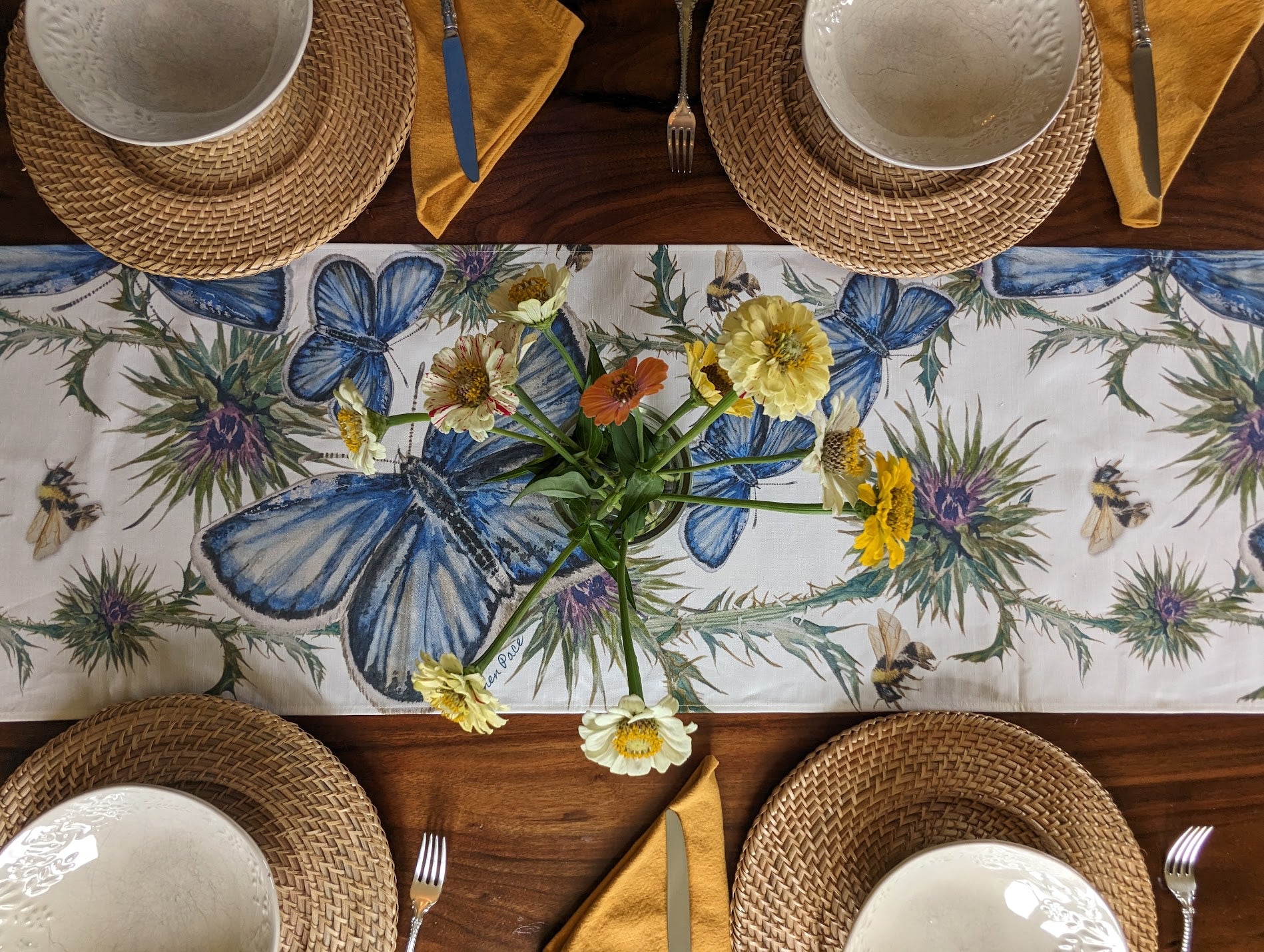 Table Runner - Butterfly, Thistle, and Bee on White Linen Cotton
