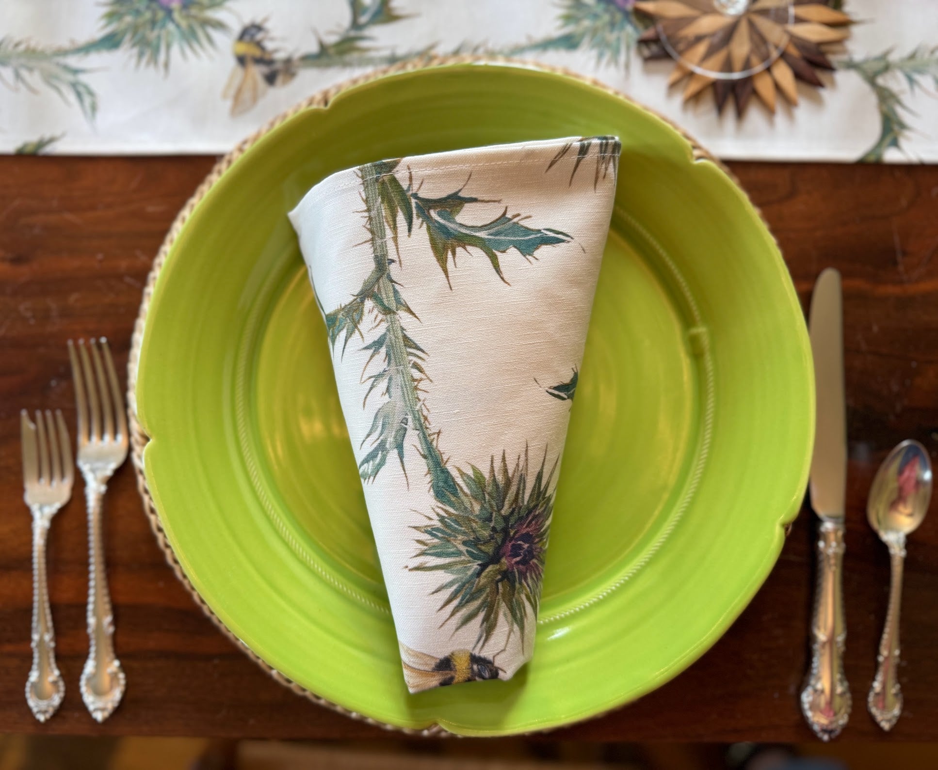Cloth Napkins - Thistle with Bee Repeat on White Linen Cotton