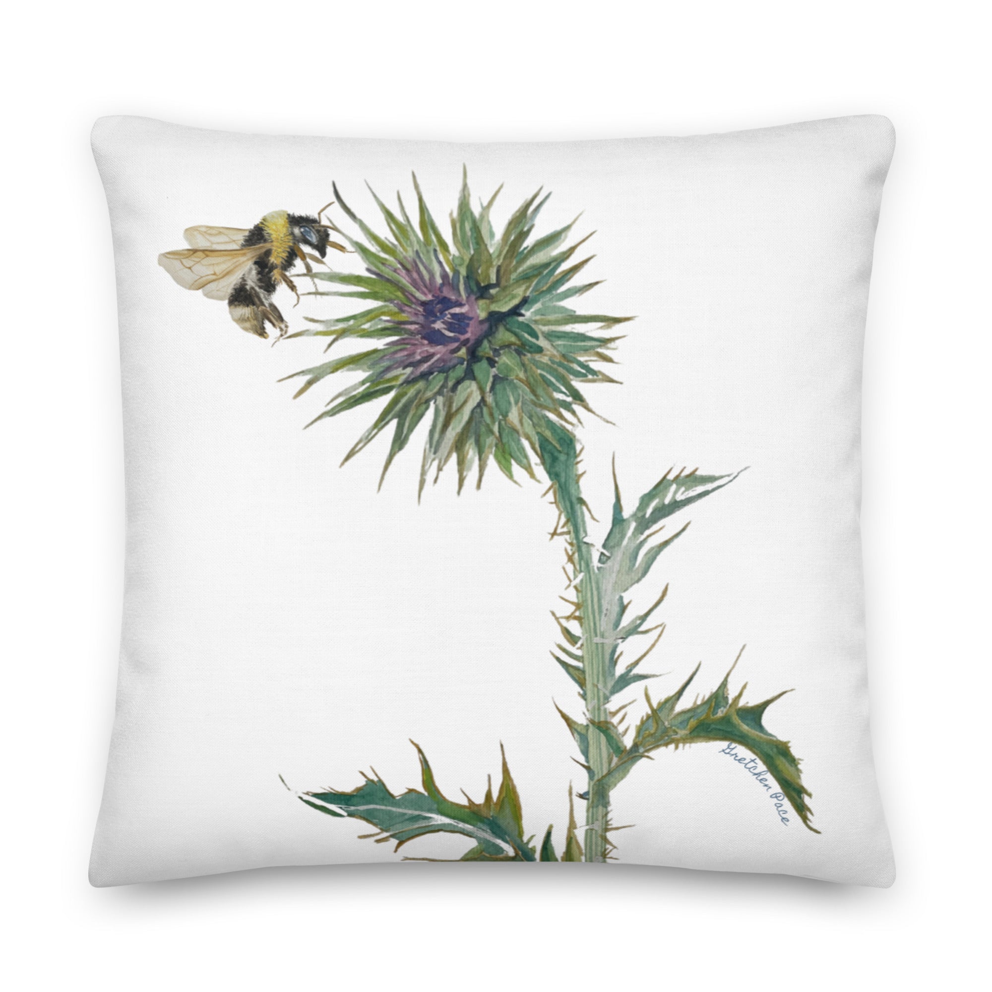 Throw Pillow - Thistle and Bumble Bee on White Linen Cotton