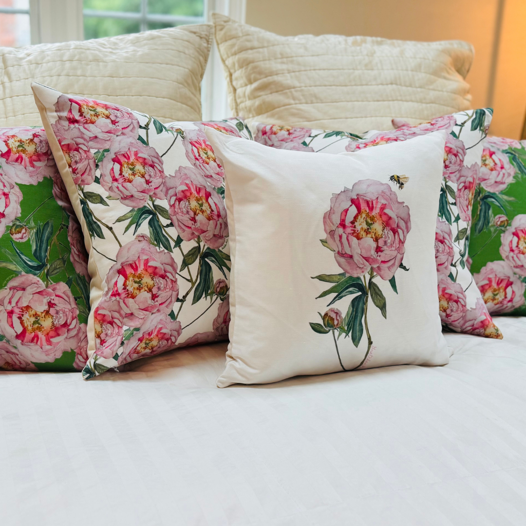 Throw Pillow - Light Pink Peony with Bee on White Linen Cotton