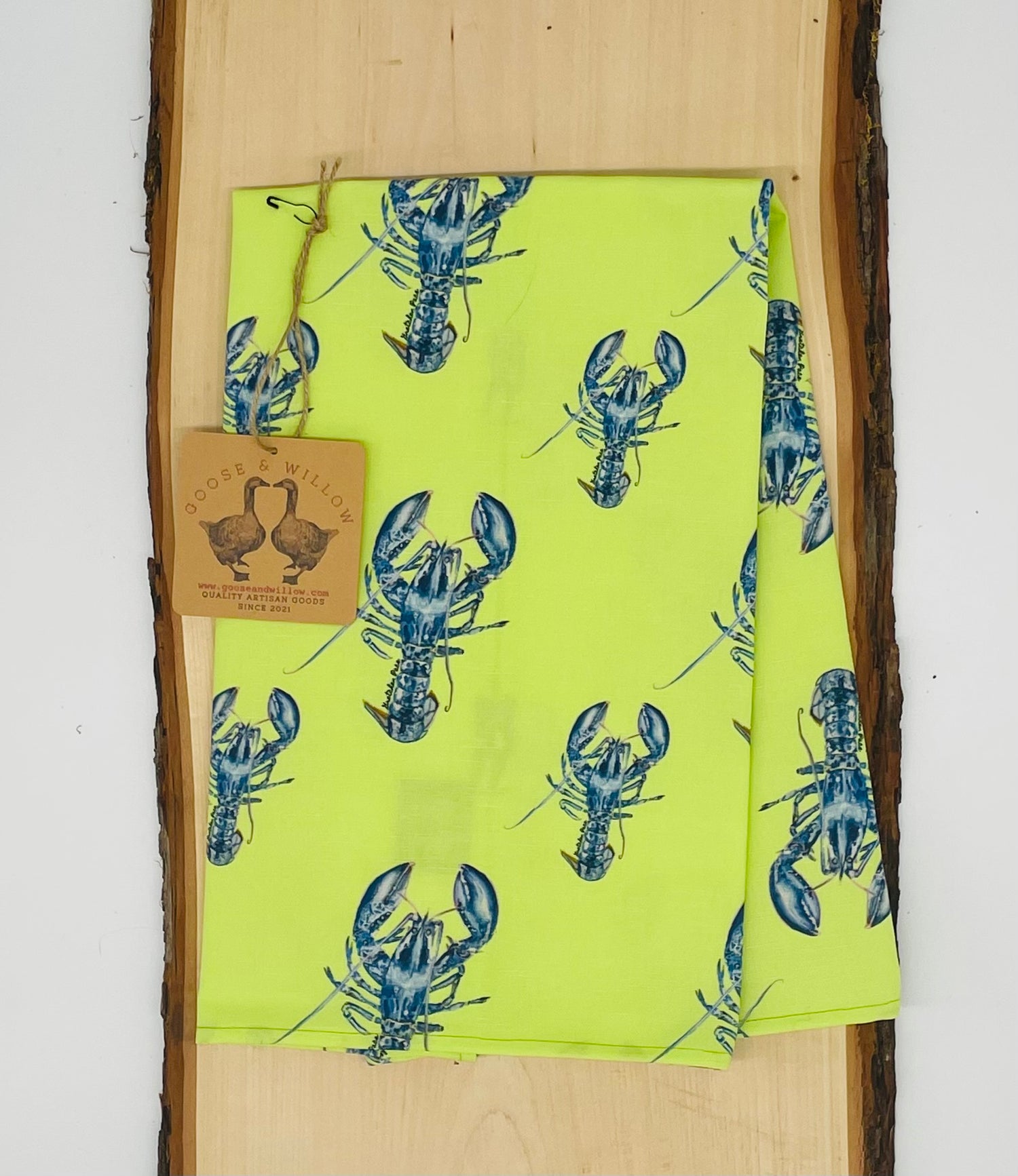 Tea Towel - Lobster Repeat on Green Linen Cotton