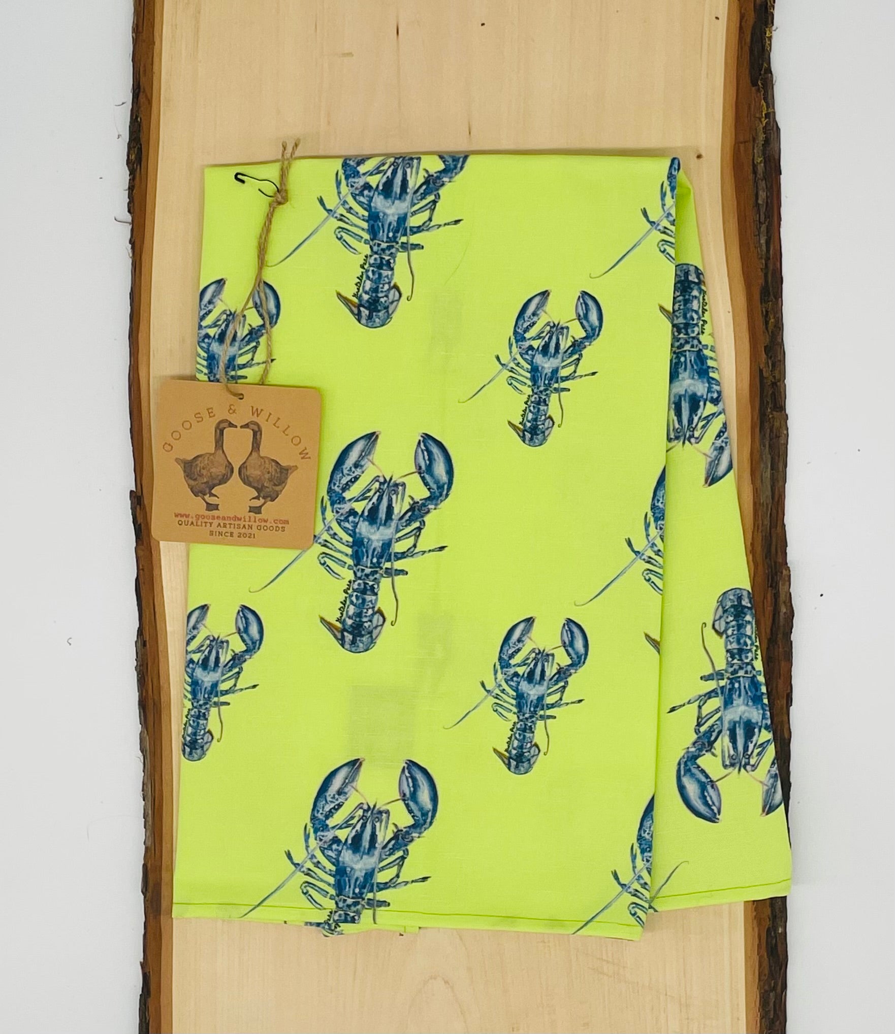 Tea Towel - Lobster Repeat on Green Linen Cotton