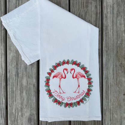 Dish Towel - Merry Christmas Flamingo on Flour Sack