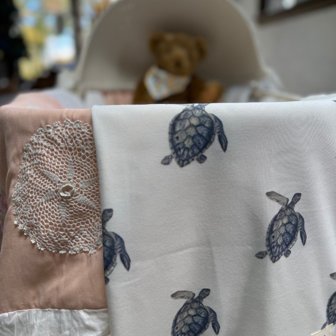Baby Blanket - Turtle on White Organic Cotton Knit