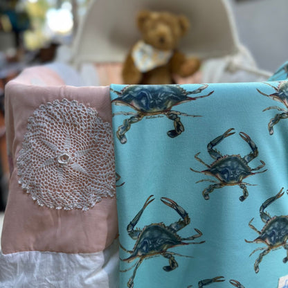 Baby Blanket - Blue Crab on Light Blue Organic Cotton Knit