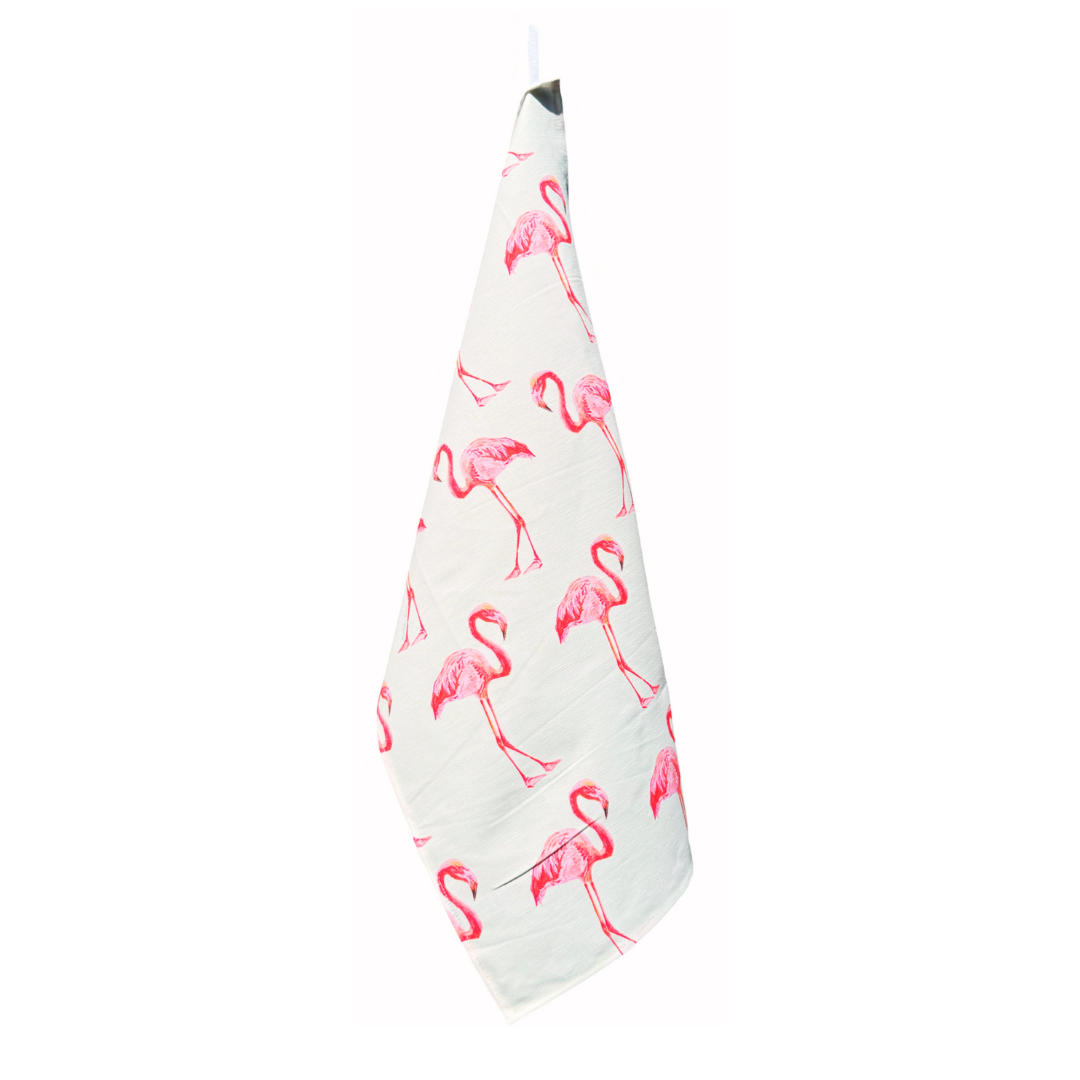 Tea Towel - Flamingo on White Linen Cotton
