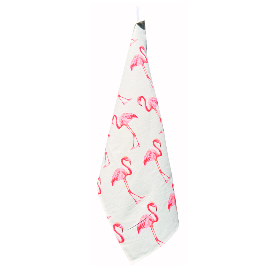 Kitchen Towel - Flamingo on White Linen Cotton