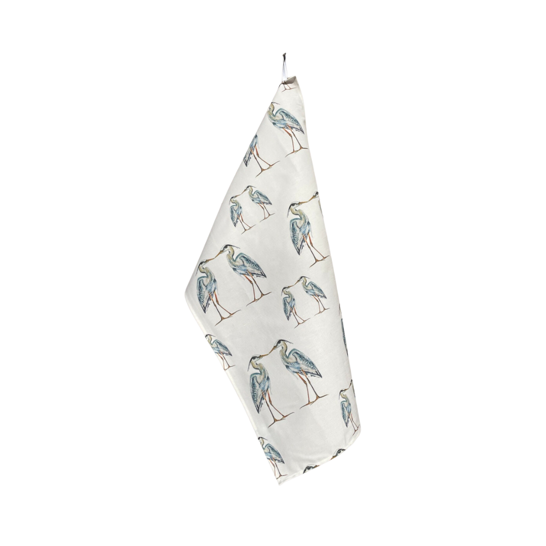Tea Towel - Large Heron on White Linen Cotton