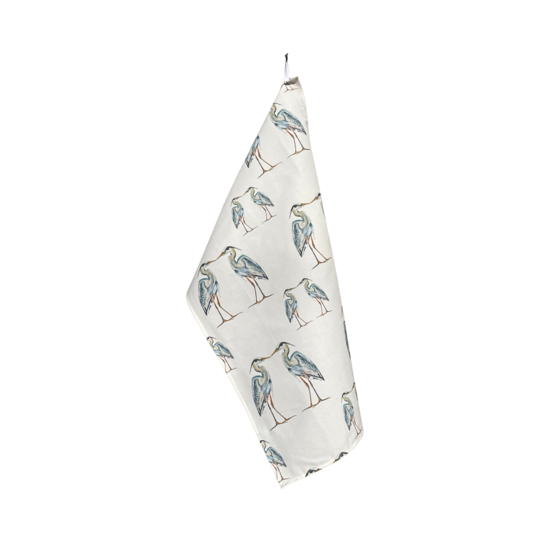 Kitchen Towel - Large Heron on White Linen Cotton