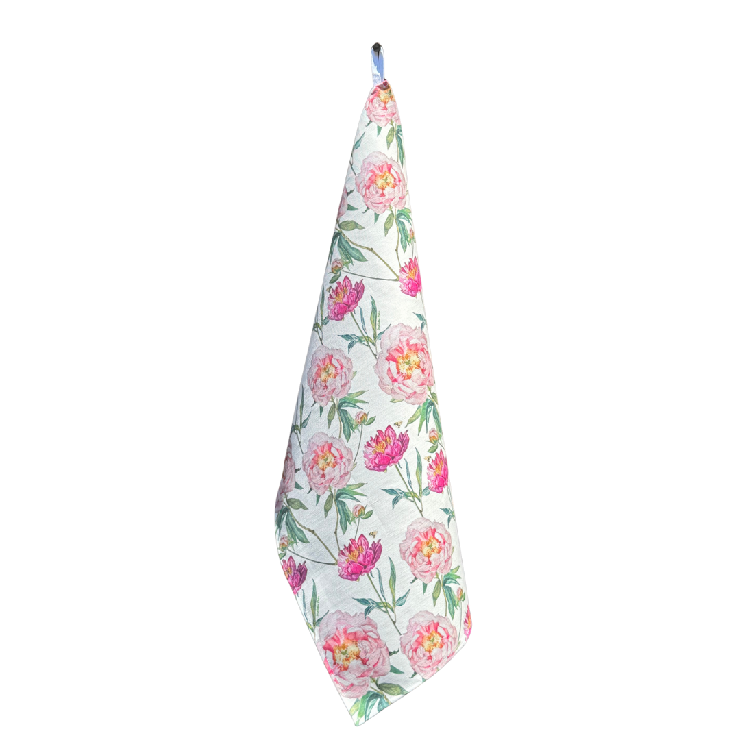 Tea Towel - Peonies and Bee on White