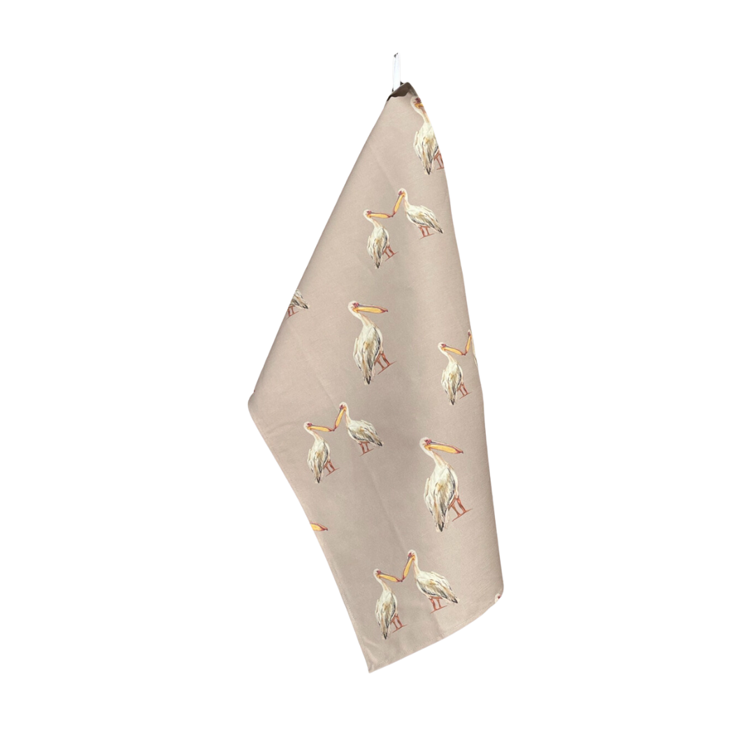 Tea Towel - Pelican Repeat on Gray Linen Cotton