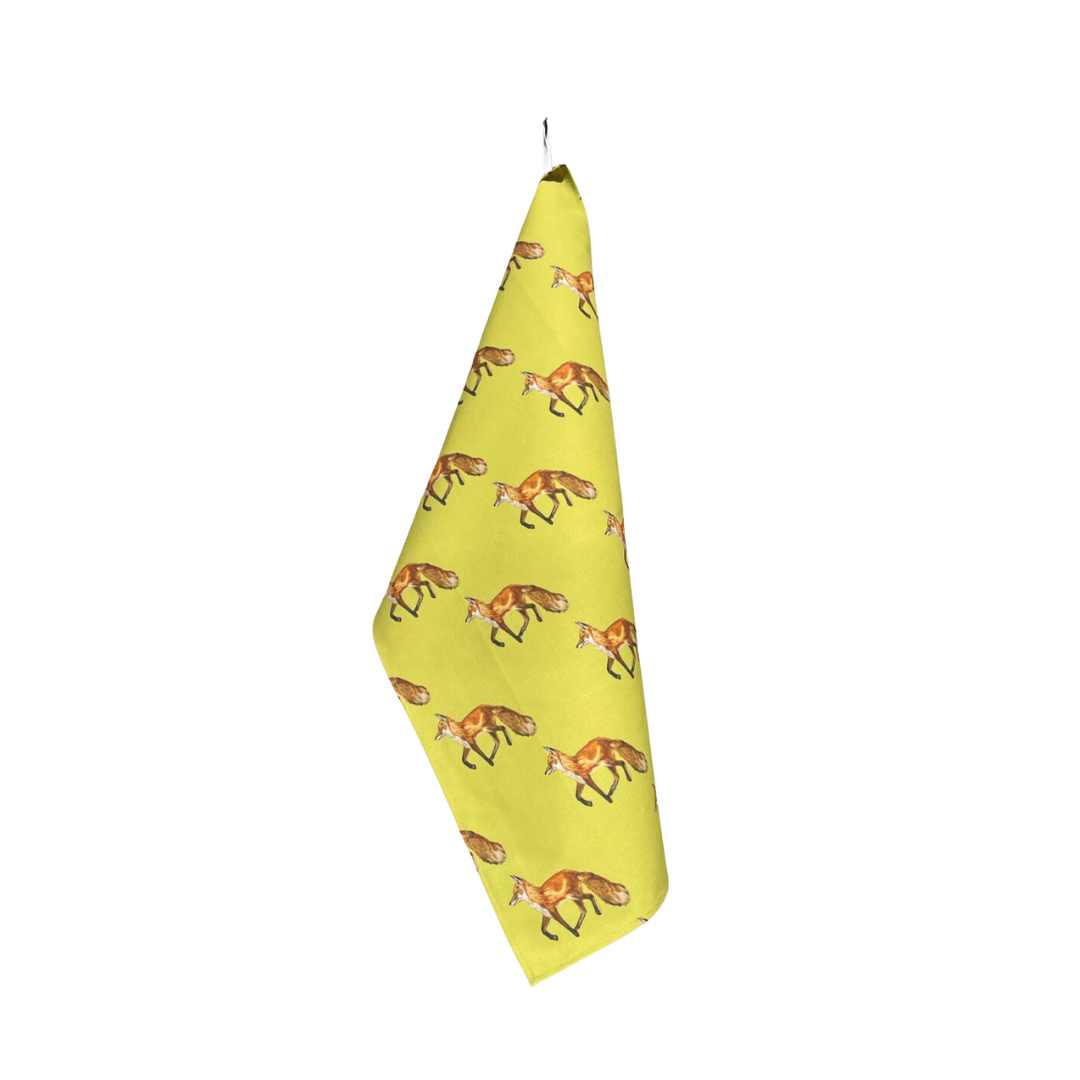 Tea Towel - Fox on Olive Green Linen Cotton