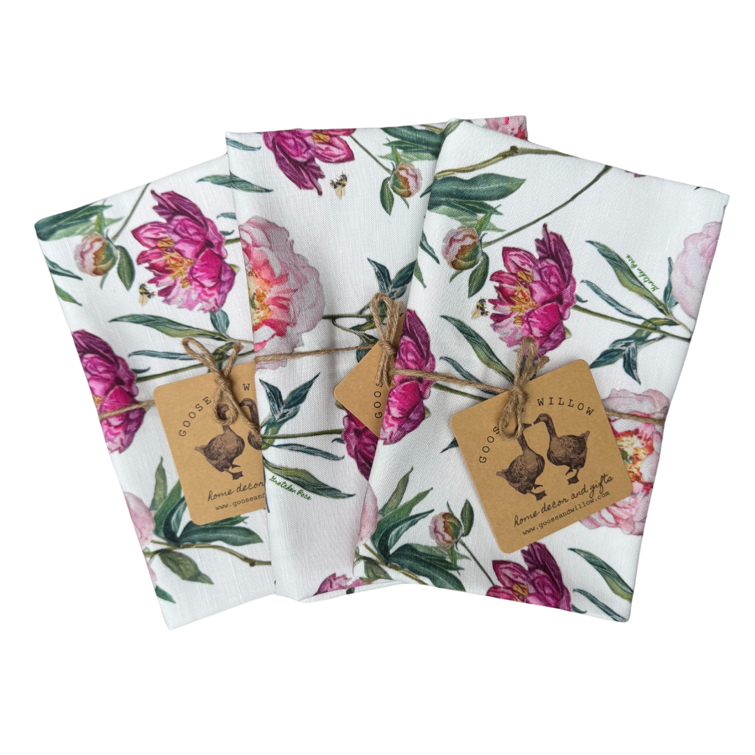 Tea Towel - Peonies and Bee on White