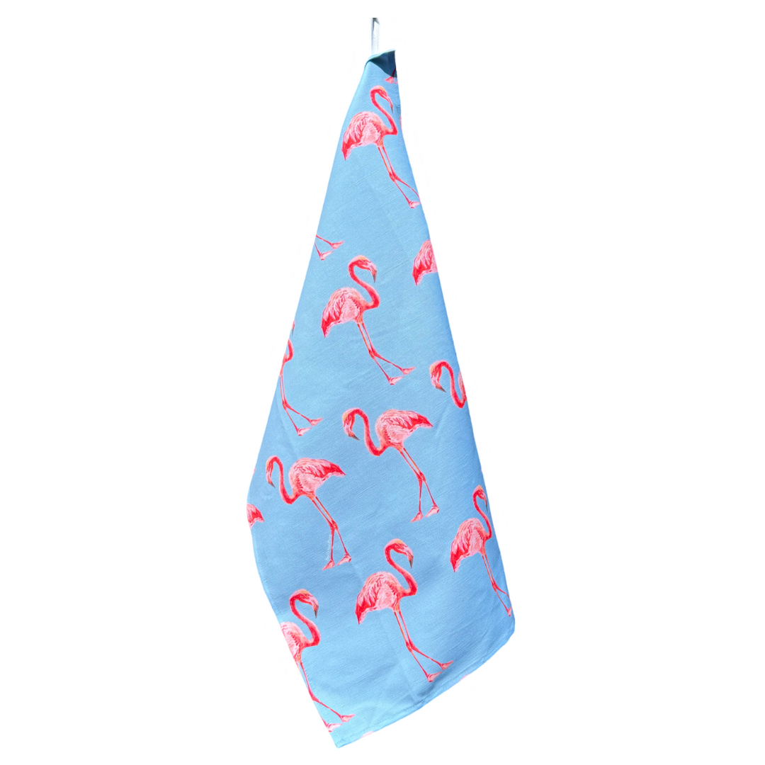 Tea Towel - Flamingo on Blue Linen Cotton