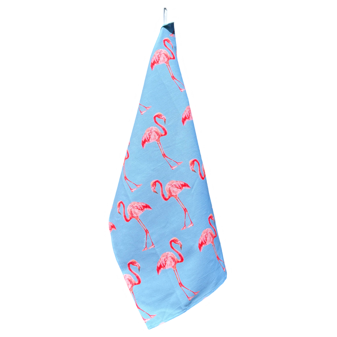 Kitchen Towel - Flamingo on Blue Linen Cotton