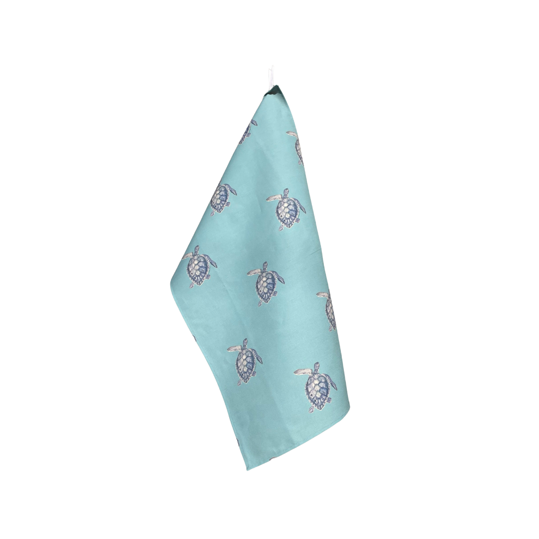 Kitchen Towel - Turtle on Blue Linen Cotton