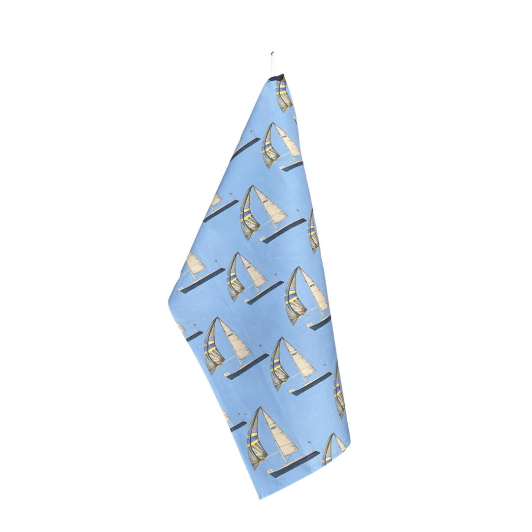 Tea Towel - Sailboat on Blue Linen Cotton