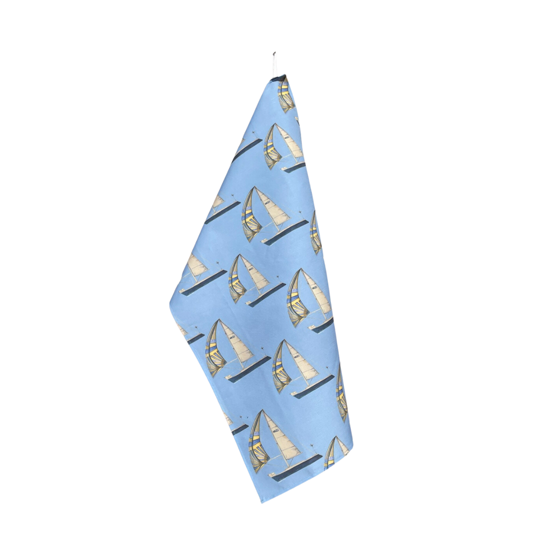 Kitchen Towel - Sailboat on Blue Linen Cotton