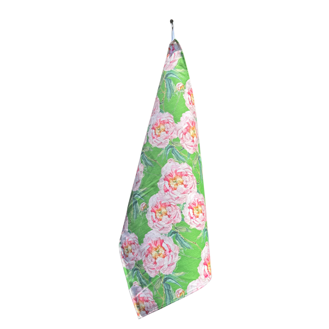 Tea Towel - Peonies on Bright Green