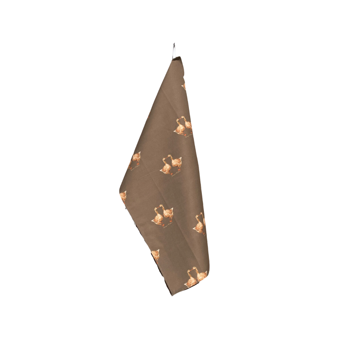 Tea Towel - Kissing Geese Repeat on Dark Brown Linen Cotton