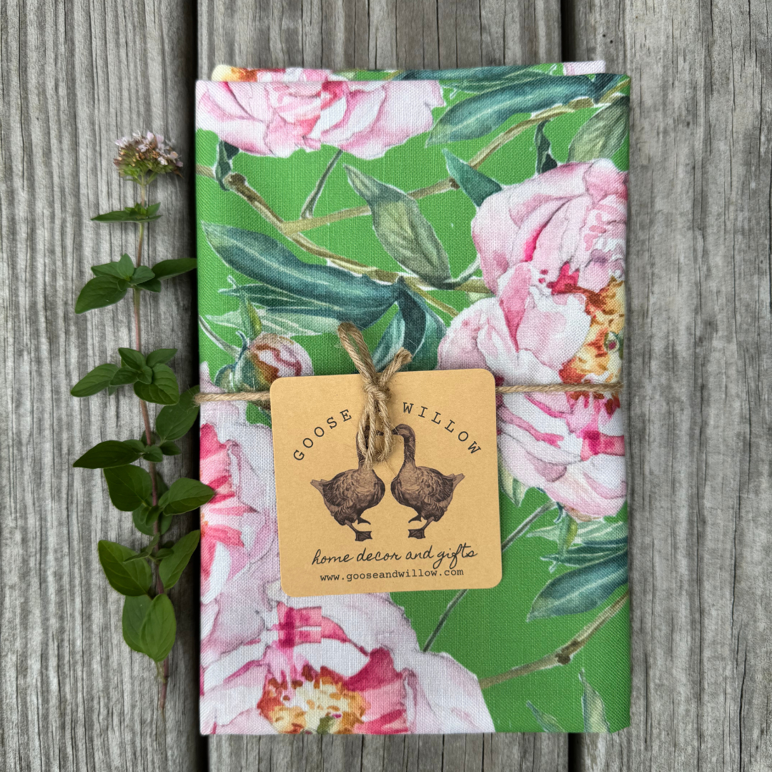 Tea Towel - Peonies on Bright Green