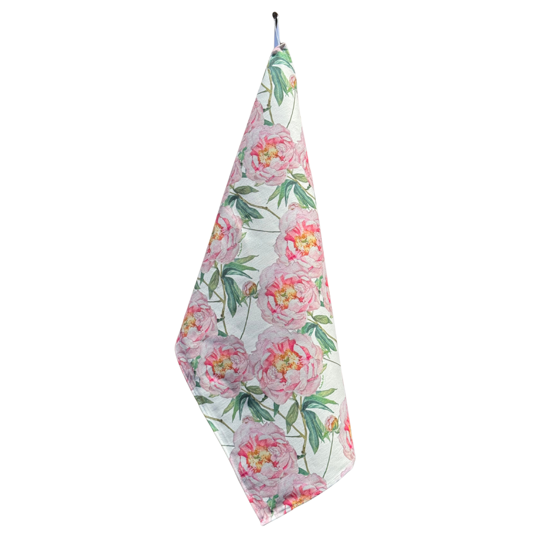 Tea Towel - Peonies on White Linen Cotton