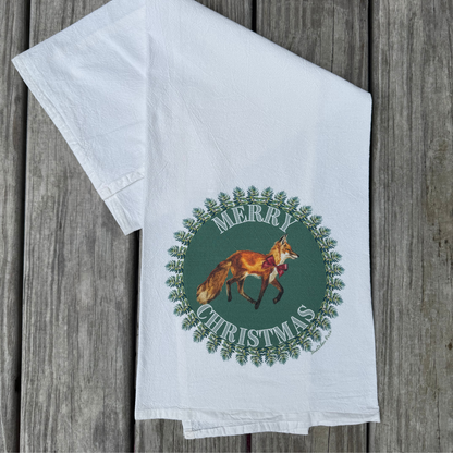 Dish Towel - Merry Christmas Fox on Flour Sack