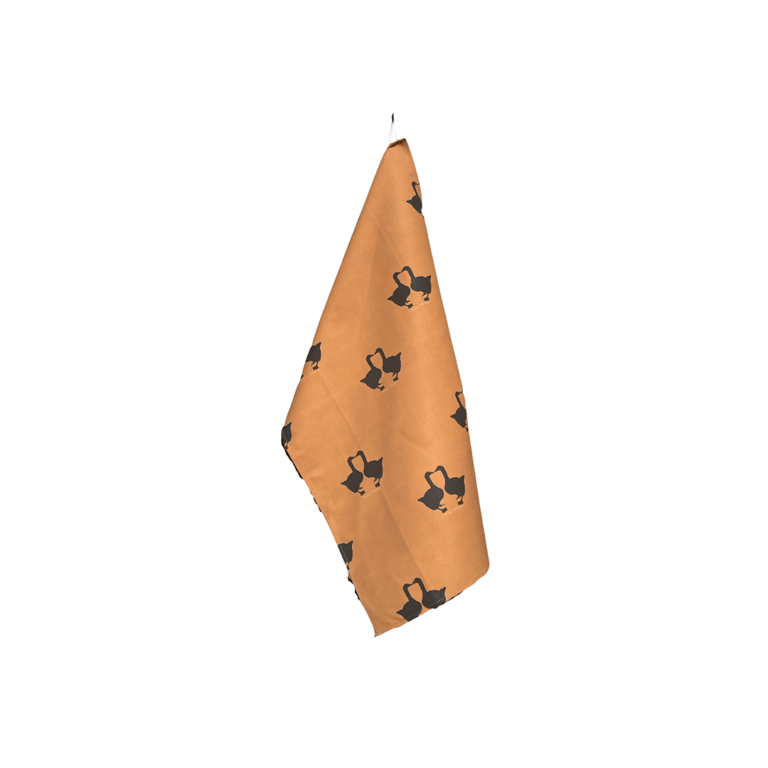 Tea Towel - Kissing Geese Silhouette Repeat on Brown Linen Cotton