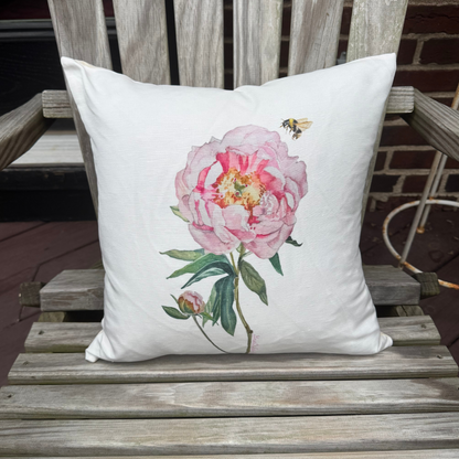 Throw Pillow - Light Pink Peony with Bee on White Linen Cotton